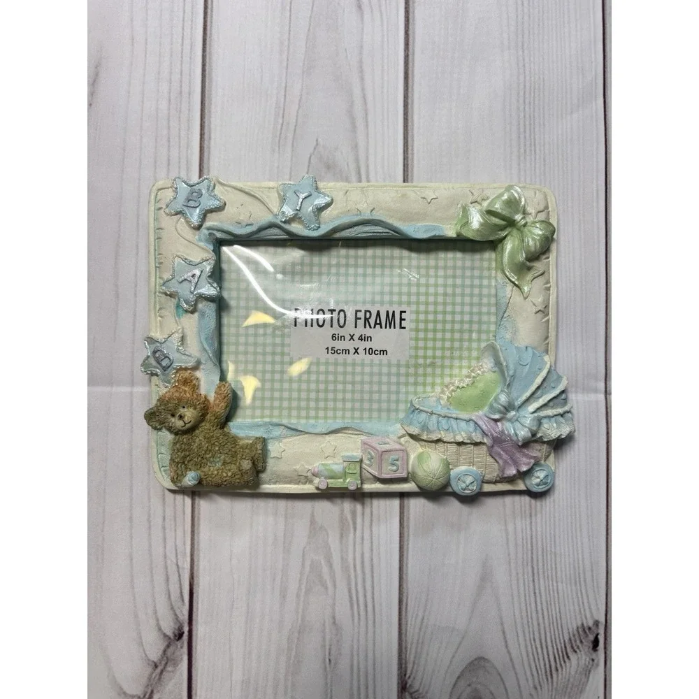 Vintage 3D Baby Boy Photo Frame 6x4 Teddy Bear Blue Bassinet